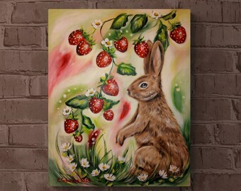 HASE MIT ERDBEEREN - gemaltes Hasenbild mit Erdbeeren auf Leinwand 40cmx50cm von Christiane Schwarz