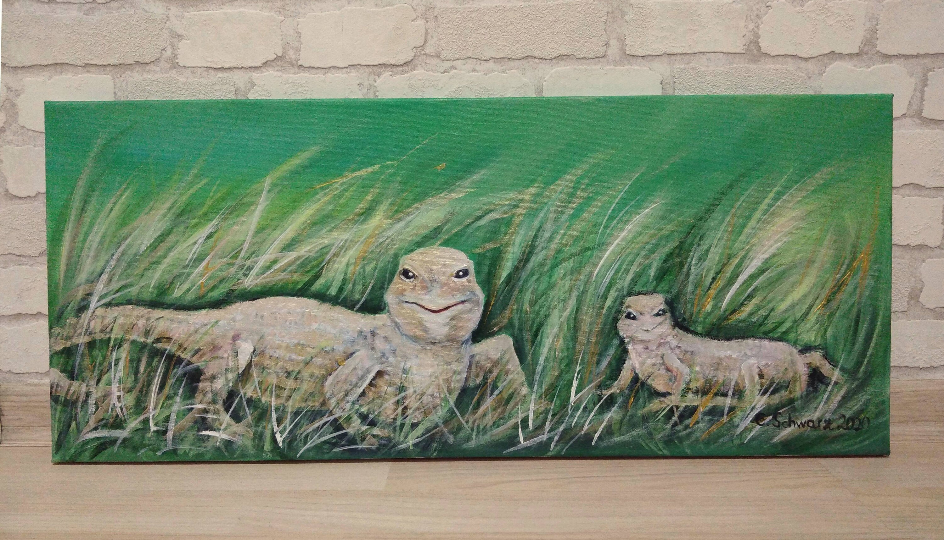 LIZARDS Acrylic Painting on Canvas 70cmx30cm Green With Goldcolored