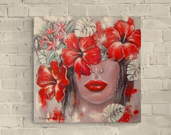 MYSTERIOUS LOVE - Acrylgemälde mit Hibiskus und Frangipani 60cmx60cm