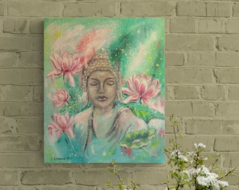 RELAXATION - Buddha mit Lotusblüten gemalt mit Glitter 50cmx60cm - Seerosenbild grün rosa