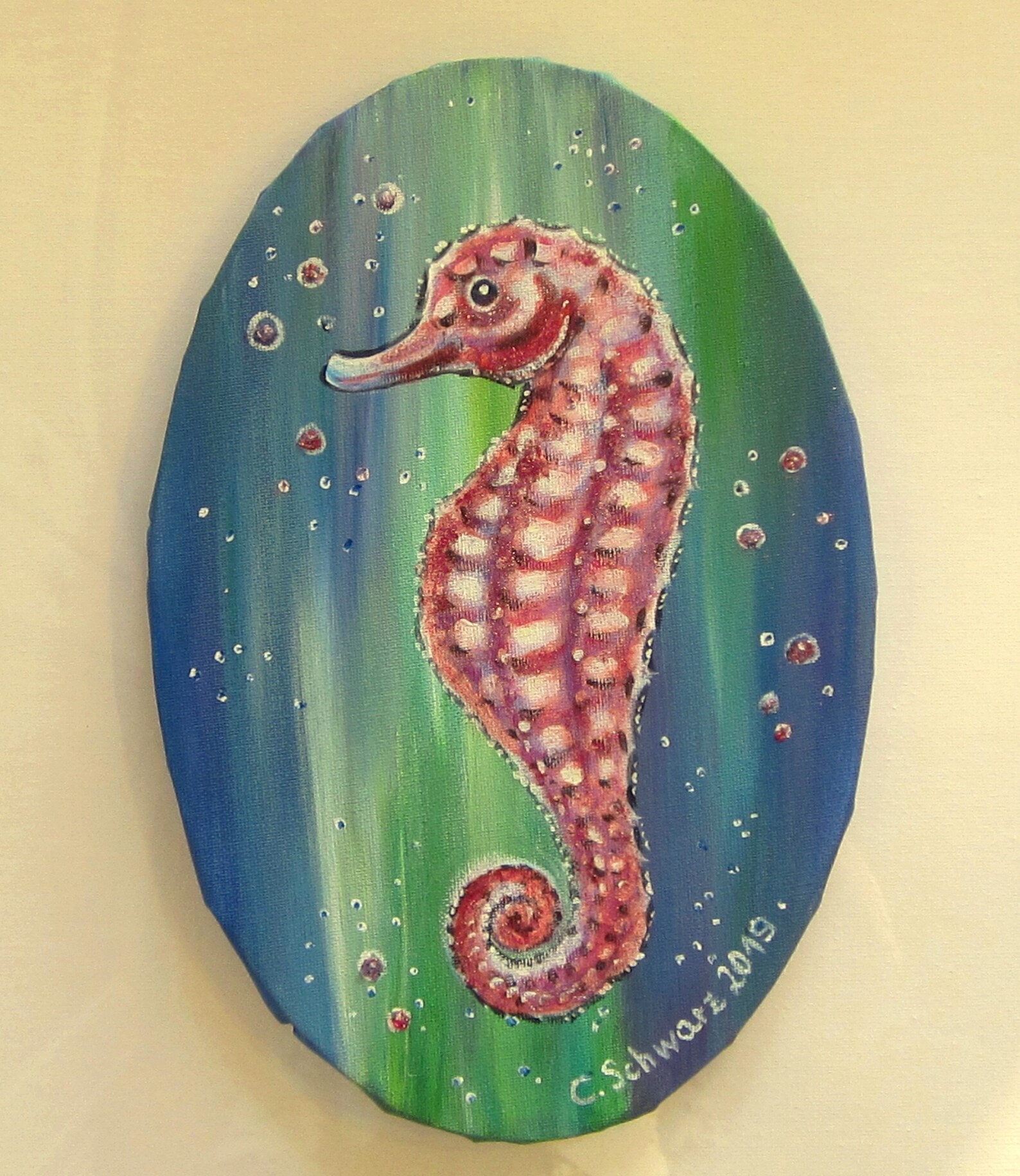 Acrylic Painting GLITTER SEAHORSE Oval Canvas 20cmx30cm, Art Painting