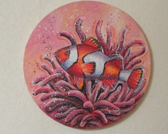 Acrylgemälde "CLOWNFISCH" runde Leinwand - Durchmesser 40cm Kunst Bild Fisch Original Malerei