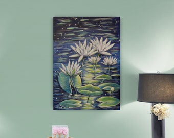 MOONLIGHT WATER LILIES - beautiful water lily painting with metallic accents on canvas