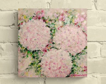 PEARL WHITE HYDRANGEAS II 29 cm x 29 cm on gallery stretcher frame - painted flower picture on canvas