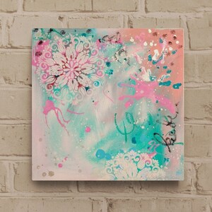 SPLASHES - abstract acrylic painting with ornaments on canvas 29cmx29cmx3.4 cm