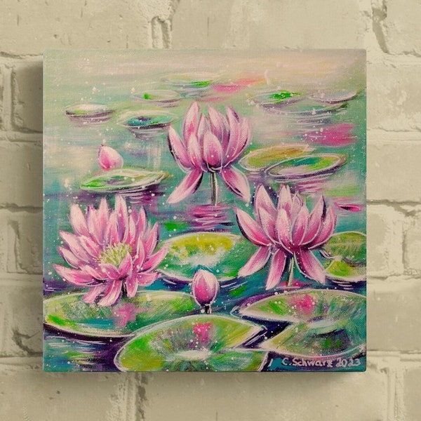 Pretty pink water lilies - hübsches Seerosenbild auf Leinwand  29cmx29cmx3,7cm (Galeriekeilrahmen)