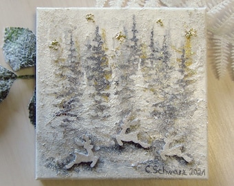 WINTERWALD  - hübsches Mixed Media Bild auf Leinwand  20cmx20cm mit Glitter - Künstlerin Christiane Schwarz