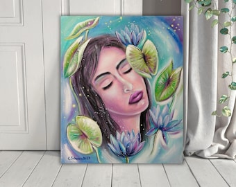 Dreaming Water Lily Nymph - artistic portrait of a woman with blue water lilies on a gallery stretcher frame 50cmx60cmx3.7cm