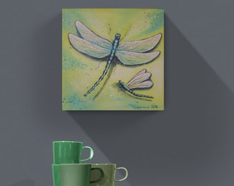 Acrylgemälde DRAGONFLIES - Kunst Leinwand Bild Geschenk Libellen gemalt 30cmx30cm Original Unikat Naturmalerei Libellenbild