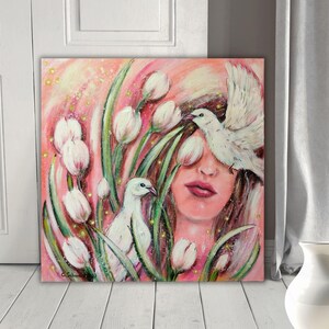 SPRING DOVES - Painting with white doves and tulips on gallery stretcher frame 50cmx50cmx3.8 cm