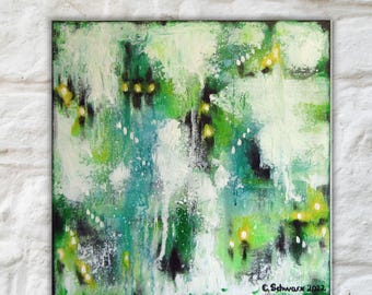 FOREST LIGHTS - abstraktes Acrylbild grün gelb auf Leinwand 40cmx40cm - Christiane Schwarz