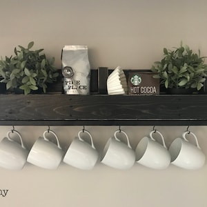 Shari Coffee Bar Shelf with Small Cup Hooks // Coffee Bar Beverage Caddy // Coffee Cup Display Shelf