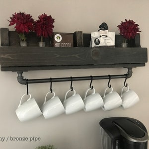 Shari Industrial Coffee Bar Shelf//Coffee Beverage Caddy//Industrial Pipe Coffee Bar Shelf with hooks ebony/bronze pipe