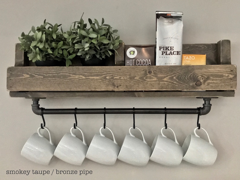 Shari Industrial Coffee Bar Shelf//Coffee Beverage Caddy//Industrial Pipe Coffee Bar Shelf with hooks smky taupe/brnz pipe