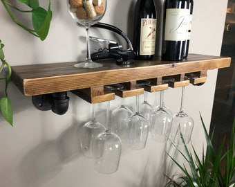 Busing Stemware Shelf // Solid Wood Shelf // Modern Rustic // Industrial Pipe Shelf // Wine Shelf // Bar Shelf