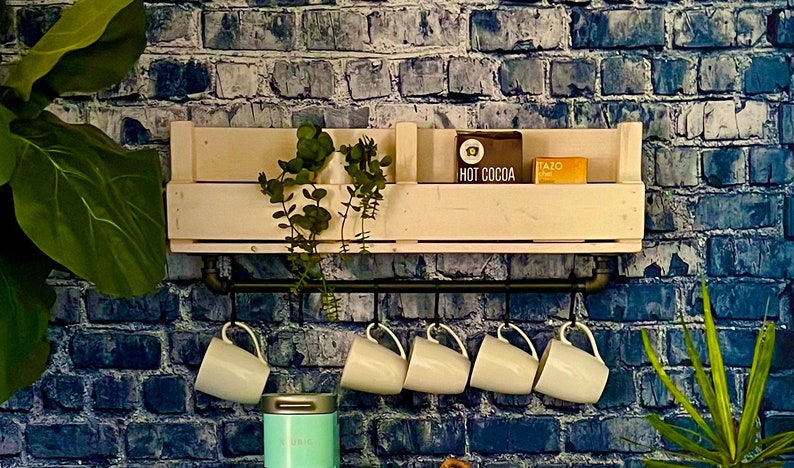 Shari Industrial Coffee Bar Shelf//Coffee Beverage Caddy//Industrial Pipe Coffee Bar Shelf with hooks natural/bronze pipe