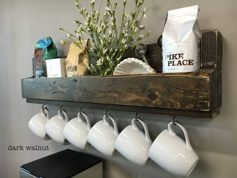 Shari Coffee Bar Shelf With Small Cup Hooks // Coffee Bar Etsy
