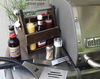 Daddy-O Solid Wood Beverage Caddy // Condiment Caddy // Grill Caddy // Industrial pipe beer caddy // BBQ Gift// BBQ caddy