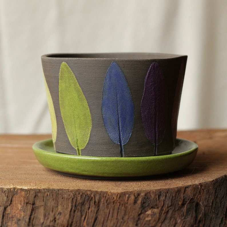 Rainbow sage leaf planter and saucer, black stoneware clay, wheel thrown, handmade image 2