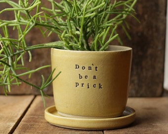 Yellow Succulant/Cactus Planter and saucer~ "Don't be a Prick" Planter ~ Cute Little Pot ~ Handmade ~ Stoneware planter