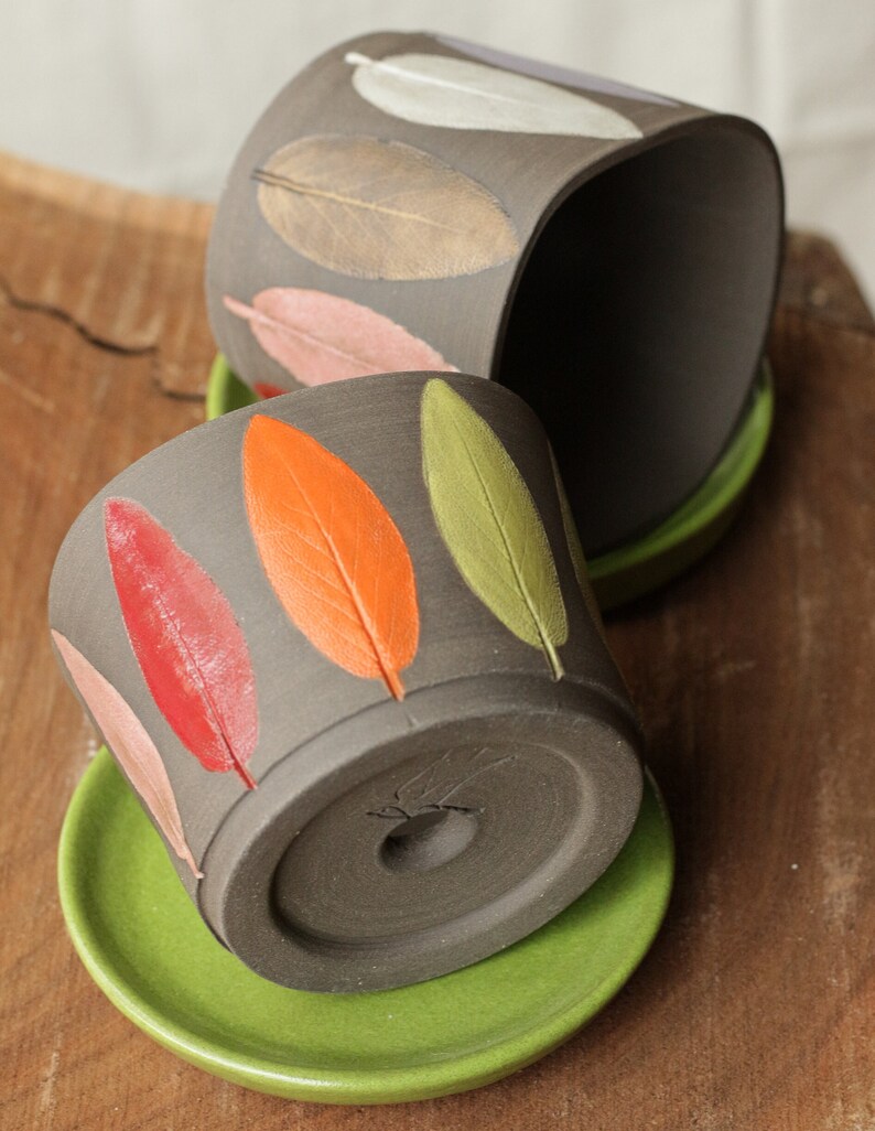 Rainbow sage leaf planter and saucer, black stoneware clay, wheel thrown, handmade image 5
