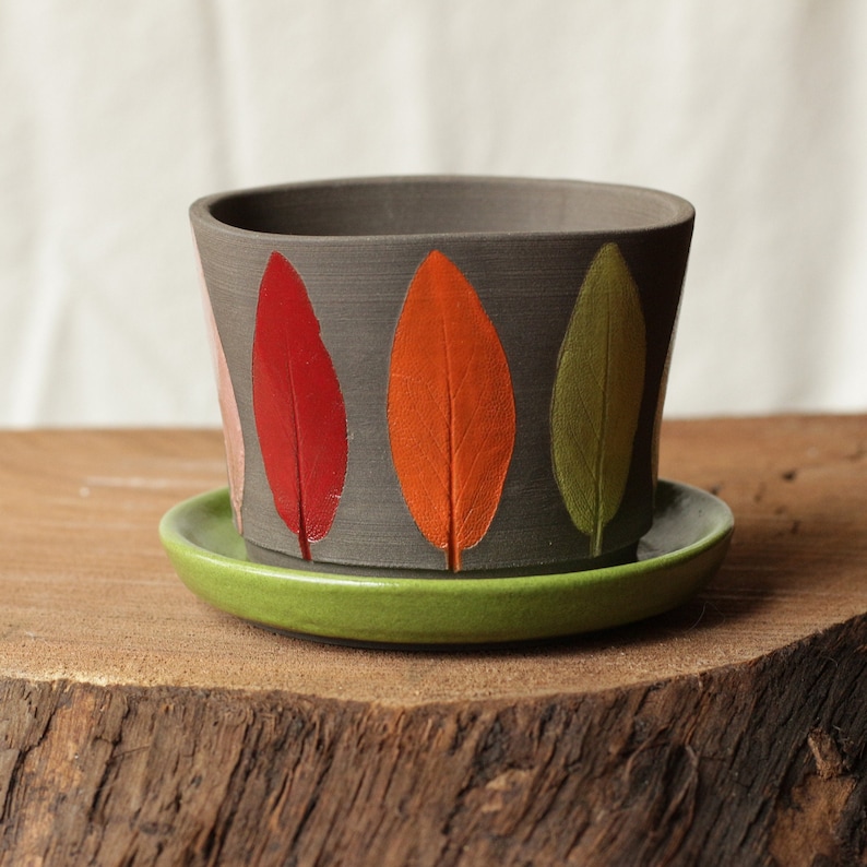 Rainbow sage leaf planter and saucer, black stoneware clay, wheel thrown, handmade image 1