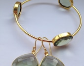 Mother's Day Set with a Gold plated Prasiolite/green Amethyst Bangle/Bracelet and Prasiolite gold filled heart shaped bezel earrings - gift