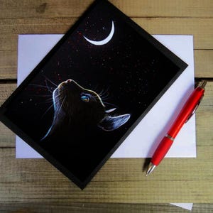 Carte de chat et de lune, carte d'anniversaire de chat, carte d'amoureux des chats, carte de chat pelucheuse, carte de chat noir, carte de Maine coon, carte de chat noir et blanc, carte de chat de Ragdoll
