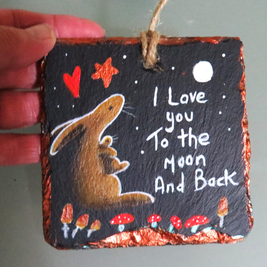 Hare and Moon Painting on a Square Slate Wall Hanging , 'I Love You to ...