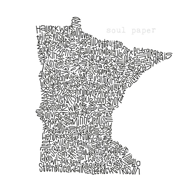 Minnesota Map, Minnesota Art, Minnesota Wall Art, Minnesota Print, Minnesota Drawing, Word Art, Minnesota Inspired, Midwest, Dorm Room Art