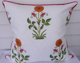 Marigold Floral Printed Linen Pillow Cover