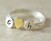 Stack initials ring-925 Sterling silver-hand stamp-tiny thin ring-love heart-ring set valentine's day Couples Jewelry Mothers Christmas Gift