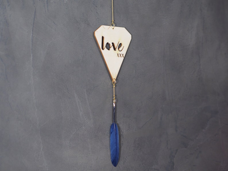 Suspension Love wood pen and metal blue night laser pattern diamond cut engraved Decoration to suspend image 1