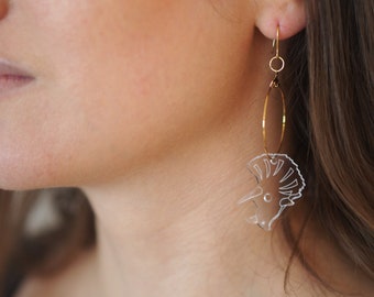 Creole earrings (small), Triceratops. Laser-engraved Plexiglas.