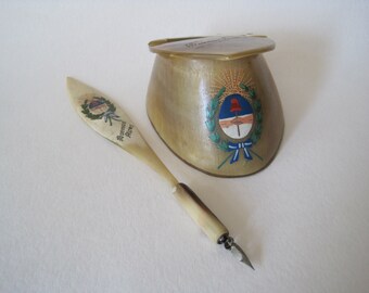 Vintage Inkwell and Dip Pen from Buenos Aires, handpainted Coat of Arms of Argentina