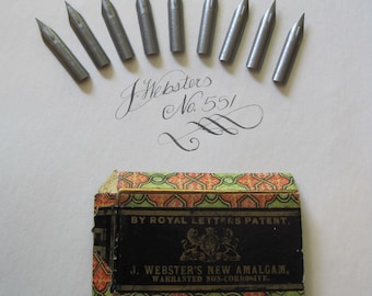 Webster's New Amalgam, Warranted Non Corrosive Dip Pen Nibs  No. 551,  Lot of 9, fine with flex,  for Calligraphy or Spencerian writing