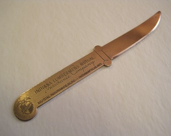 Brass Letter Opener, with advertising from Indiana Lumbermens Mutual Insurance Company, vintage