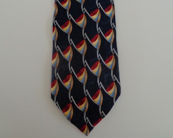 Men's Ferrell Reed Handmade 100% Silk Necktie, Navy Blue, Red, Gold, Blue Necktie, Geometric Men’s Neck Ware, Vintage Neckties