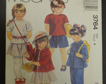Vintage Children’s Jacket, Top, Skirt, Pants And Shorts Sewing Pattern, 1988 McCall's Sewing Pattern for Children  #3764, Pattern Size 4