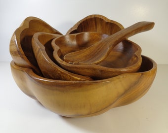 Vintage Wood Salad Bowl Set Hand Carved Serving Bowl & 4 Salad Bowls Modern Mid Century Wood Flower Shaped Boho Dinner Party Décor Tiki Bar