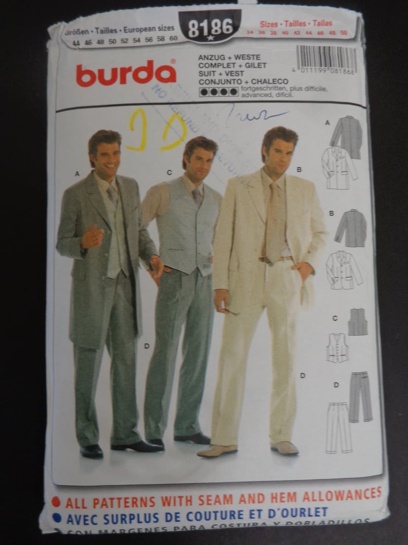 Man Jacket Suit With Vest Sewing Pattern By Verlag Aenne Burda Vest And Pants Sewing Classic Pattern Sizes 34 to 50