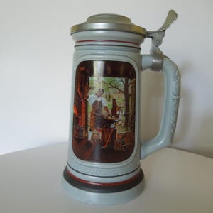 Vintage Large Avon “The Blacksmith” Beer Stein, &quot;The Building of America&quot; Collection 1986, Pewter Lid Tankard, Ceramic Barware Collectibles.