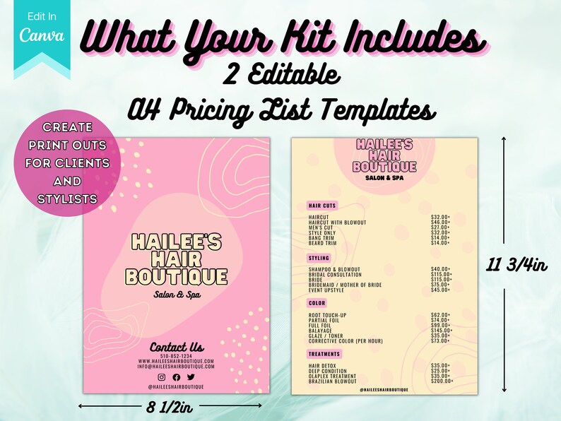 Blush Pink Editable Price List Template Printable Business Etsy