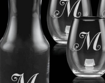 3 pc Wine Set - .5L Carafe & 2 - 12oz Stemless Libbey Wine Glasses - With Personalized Etched Monogram