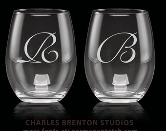 9 oz Luminarc Stemless White Wine Glass SET of 2 - with etched monogram