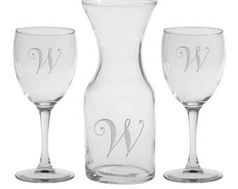 3 Pc Wine Set - .5L Carafe Libbey & Two 8.5oz Nuance Wine Glasses - With Personalized Etched Monogram