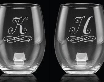 SET of 2 - 15 oz Luminarc Stemless  Wine Glasses personalized etched monogram