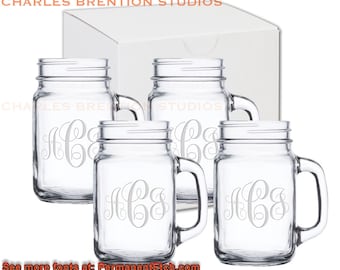 Set of 4 -  Personalized Etched  16oz Mason Jars - Gift Box Option