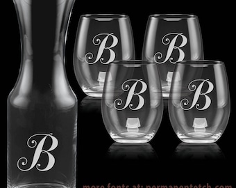 5 Pc Wine Set - 1L Carafe & Four 21oz Stemless Wine Glasses - With Personalized Etched Monogram