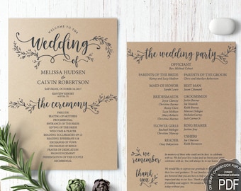 Rustic Wedding Program PDF card template, instant download editable printable, Ceremony order card in calligraphy floral theme (TED418_2)